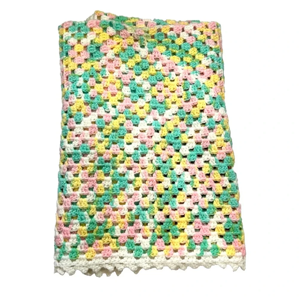 Handmade Crochet Baby Blanket Granny Square Pastel Pink Yellow Green 42x42 New